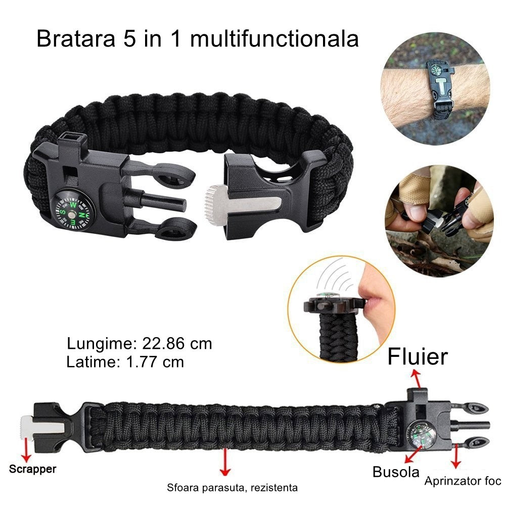 Kit supravietuire multifunctional Smart, Instrumente profesionale, Trusa de Prim-Ajutor, pentru Camping, Drumetii, Aventuri in aer liber, borseta inclusa, model army