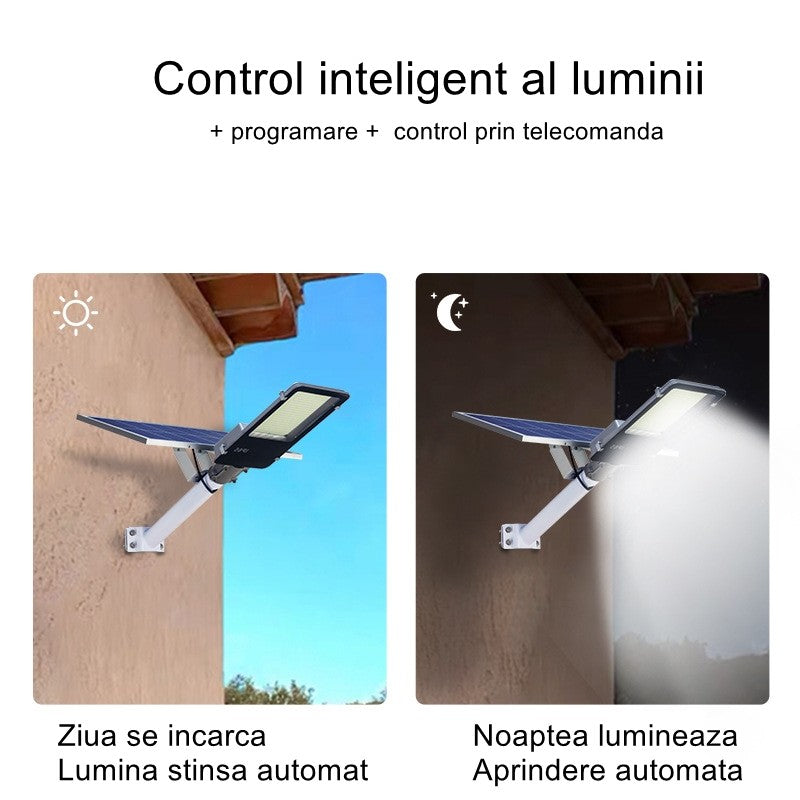 Lampa solara stradala Smart, pentru curte sau strada, finisaj lucios, rezistent la apa, montare prin fixare, senzor lumina, baterie de litiu, IP65, lumina rece, putere 200W, autonomie 10 ore, 49 x 21 x 6.5 cm, negru