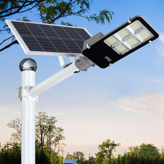 Lampa solara stradala Smart, IP65, senzor de lumina, 100 LED-uri SMD, 7200 lm, panou 12W, putere 80W, autonomie 12-16 ore, telecomanda, montare prin fixare, pentru strada sau gradina, finisaj lucios, material ABS, 38.6 x 13.3 x 6.5 cm, alb rece