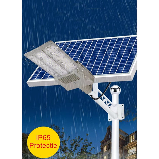 Lampa solara stradala Smart, pentru curte sau strada, cu doua grile, finisaj mat, rezistent la apa, montare prin fixare, senzor lumina, baterie de litiu, IP65, lumina rece, putere 500W, autonomie 10 ore, 55 x 23 x 9 cm, gri