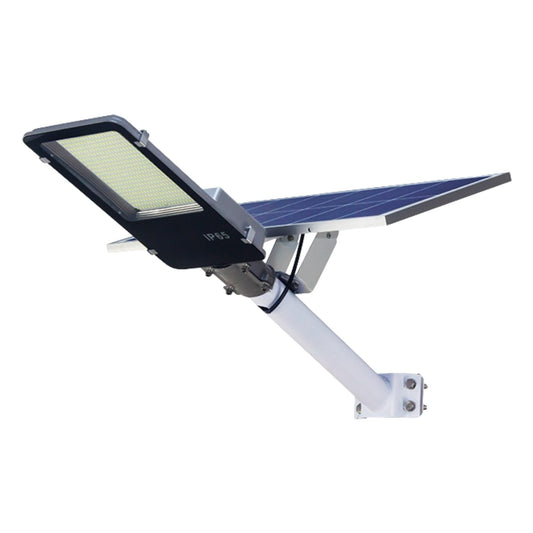 Lampa solara stradala Smart, pentru curte sau strada, finisaj lucios, rezistent la apa, montare prin fixare, senzor lumina, baterie de litiu, IP65, lumina rece, putere 500W, autonomie 10 ore, 49.5 x 21 x 9 cm, negru