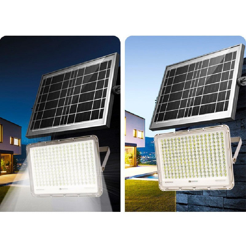 Proiector LED cu Panou Solar Smart, Senzor de lumina Waterproof, 200W, 29x23 cm, suport U inclus, panou afisaj nivel baterie, telecomand, 220V, Design Modern, Alb