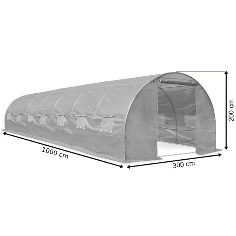 Sera solar tip tunel, 10x3x2 m, ferestre cu plasa anti-insecte, 1 usa rulanta, folie PE cu filtru UV4, verde