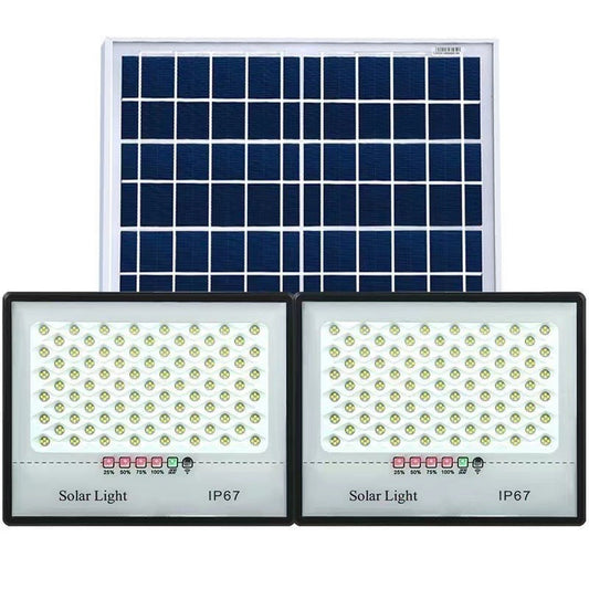 Set 2 proiectoare LED cu Panou Solar Smart, Senzor de miscare, Telecomanda, Waterproof, 322*2  LED-uri incorporate, 200W, 30*24 cm, IP67, Design Modern, Negru