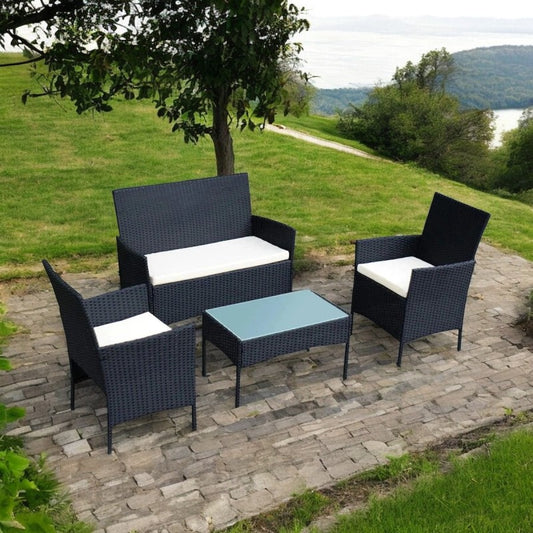 Set 4 piese mobilier gradina, fotolii, canapea, masuta cafea, perne, blat sticla, model ratan negru