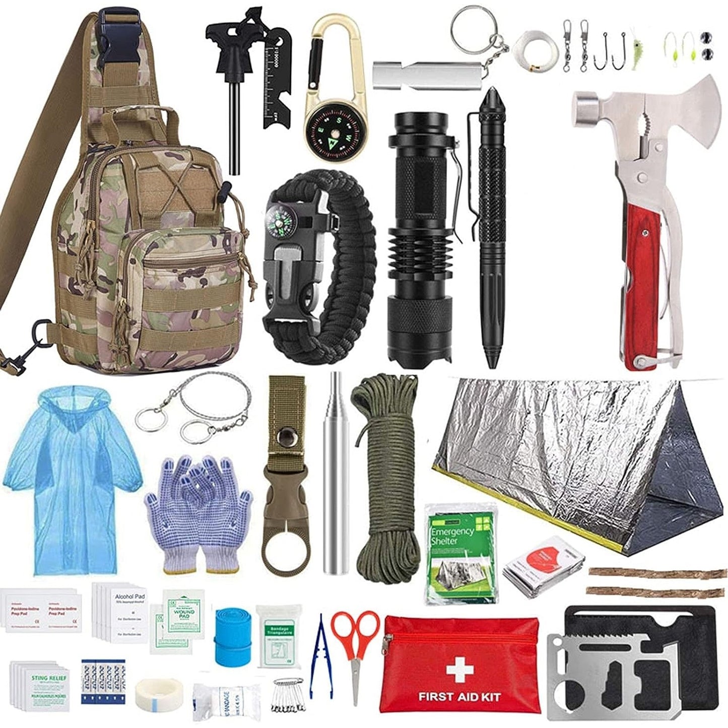 Kit supravietuire multifunctional Smart, Instrumente profesionale, Trusa de Prim-Ajutor, pentru Camping, Drumetii, Aventuri in aer liber, borseta inclusa, model army